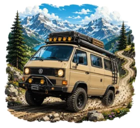 Cream Volkswagen Van Mountain Road