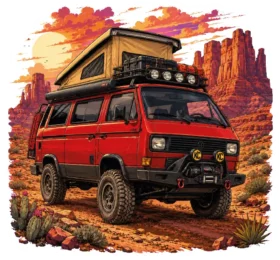 Red Volkswagen Van Desert Pop Top