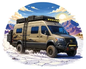 Tan Mercedes Sprinter Snowy Mountains