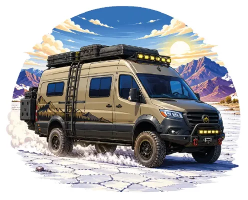 Tan Mercedes Sprinter Snowy Mountains